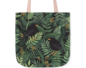 Sac fourre-tout jungle d'oiseaux tropicaux - Sac en toile imprimé verdure luxuriante et merles, acheteur respectueux de la nature