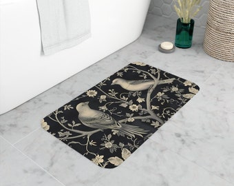 Tapis de bain vintage en mousse à motif oiseau, tapis de bain oiseau fleuri antidérapant, décoration monochrome classique, accessoire de salle de bain coussin doux