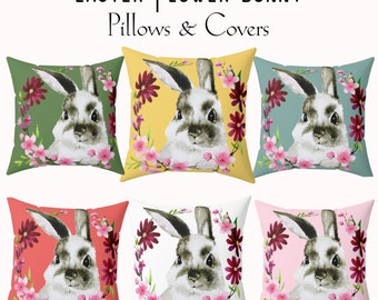Easter Bunny Pillows & Covers, Spring Bunny Pillowcases, Watercolor Bunny Pillows, Easter Pillow Covers, Flower Pillows
