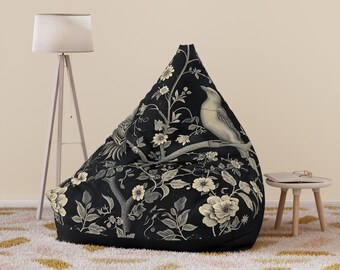 Bird Bean Bag Cover, Monochrome Floral Bird Design, Cozy & Stylish Lounge Accessory, Unique Home Seating, Washable Cover
