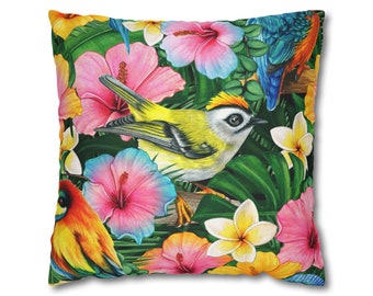 Taie d'oreiller vibrante oiseau tropical et fleurs d'hibiscus, housse de coussin déco perroquet exotique, cadeau ornithologie, déco amateur d'oiseaux