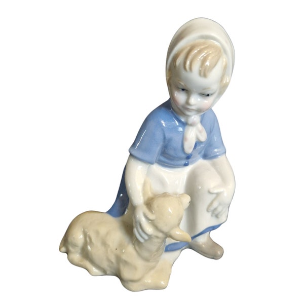 Vintage Porcelain Girl with Lamb Figurine - Collectible Hand-Painted Ceramic Sculpture, Perfect Condition, Circa Mid-20th Century