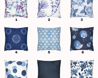 Assortiment de taies d'oreiller décoratives bleues - Housse de protection florale, taie d'oreiller abstraite, housse de coussin à pois, motifs de taies d'oreiller unies, taies d'oreiller bleues,