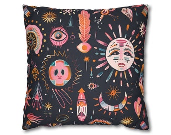 Boho-Inspired Pillow, Mystical Celestial Throw Cover, Cosmic Astrological Motifs, Whimsical Home Decor, Celestial Pillowcase