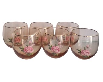 Set of Six Vintage Soviet Floral Wine Glasses with Gold Rim - Collectible Mid-Century Barware from the USSR Made in Riga, Latvia 70s 80s