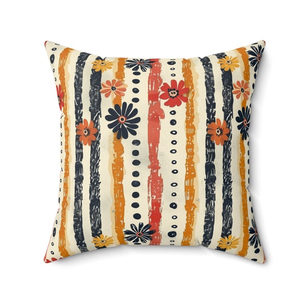 Bohemian Stripe Floral Pillow - Rustic Chic Decorative Cushion for Vintage Boho Home Aesthetics