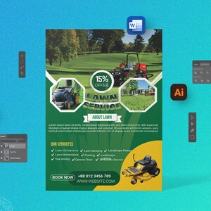 May include: Green and yellow lawn service flyer with a 15% offer. The flyer features images of lawn mowers and a green lawn. The text on the flyer reads "Lawn Service" and "About Lawn".