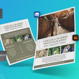 Può includere: Due volantini per Chelsea Harris Photography, con immagini di coppie e composizioni floreali. I volantini includono testo sui servizi di fotografia di matrimoni, fidanzamenti e boudoir. Sono visibili anche icone software di Photoshop, Illustrator e Word.
