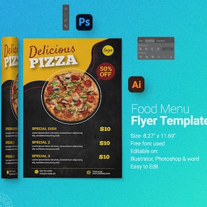 Puede incluir: Una plantilla de folleto para un menú de comida con un fondo negro y un gráfico de pizza amarillo y negro. El folleto mide 8,27 pulgadas por 11,69 pulgadas y es editable en Illustrator, Photoshop y Word. El texto en el folleto dice "Delicious Pizza" y "Food Menu Flyer Template".