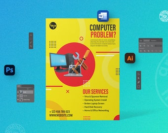 Folleto de servicios informáticos/ Plantilla de Adobe Photoshop / Plantilla de Adobe Illustrator / Plantilla de MS Word / Plantilla de folleto de negocios / Folleto de marketing