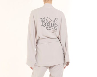 Ivory Satin Bridesmaid PJ Set - Luxe Bride Rhinestone Design - Long Sleeve Kimono and Pants, Bridal Loungewear, Bachelorette Party Homewear