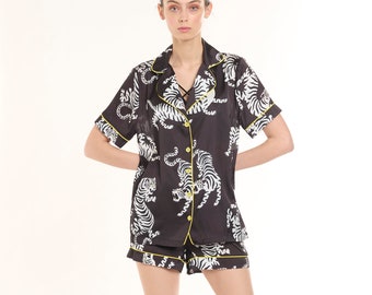 Tiger Print Satin Pajama Set - Comfy Half-Sleeve PJ Top, Pajama Shorts, Trendy Loungewear, Comfortable Sleepwear, Free Shipping