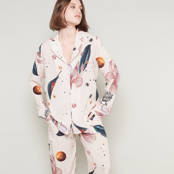 Elegant Celestial Dreams Viscose Pajama Set - Cozy Comfortable Lounge and Sleepwear - Chic Full Length Pajama Pants and Shirt, Two Piece Set