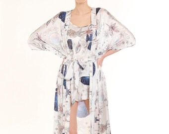 Mystical Celestial Satin Pajama Set - Women's Cosmic Long Kimono Robe, Tank Top & Shorts, Astrological Sleepwear