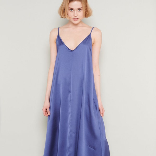 Luxurious Blue Satin Maxi Nightgown - Sleek, Flowing Lounge Dress, Elegant Loungewear and Sleepwear - Comfy Chic Nightwear, Sleep Dress