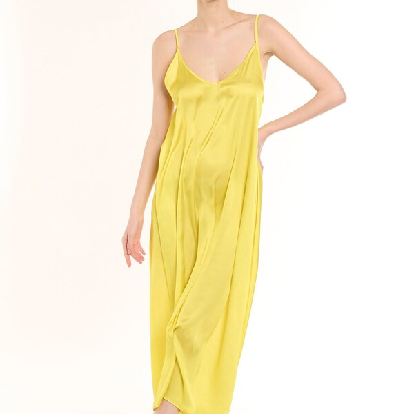 Neon Yellow Satin Nightgown - Chic and Silky Women Maxi Nightdress, Women Luxurious Loungewear and Sleepwear Dress - Comfy Chic Nightwear