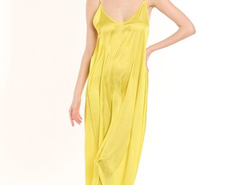 Neon Yellow Satin Nightgown - Chic and Silky Women Maxi Nightdress, Women Luxurious Loungewear and Sleepwear Dress - Comfy Chic Nightwear