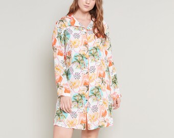 Tropical Print Midi Nightgown - Floral Long Sleeve Nightdress, Viscose Collared Sleep Dress, Comfy Lounge and Sleepwear, Cozy Homewear