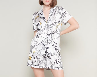 Modern Calligraphy Print Pajama Set - Stylish Short Sleeve Shirt and Pj Shorts Ensemble - Trend Chic Loungewear and Sleepwear, Two Piece Set