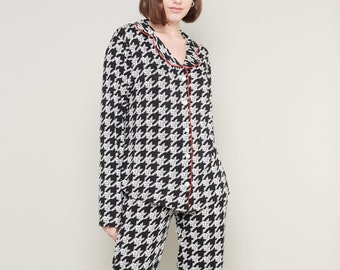 Chic Houndstooth Viscose Pajama Set - Elegant Black and White Sleepwear, Red Piping - Pj Pants and Shirt - Two Piece Set, Trendy Loungewear