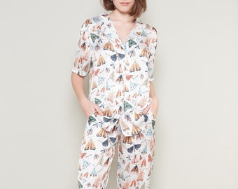 Enchanting Moth, Butterfly Print Satin Pajama Set - Cozy Comfortable Loungewear and Sleepwear - Unique PJ Pants and Shirt, Two Piece Set