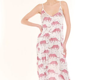 Leopard Print Satin Midi Nightgown - Elegant Breezy Summer Nightwear - Chic Sleeveless Sleep Dress - Chic Nightdress, Cozy Trendy Homewear