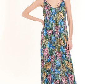 Tropical Jungle Satin Maxi Dress - Exotic Leopard and Floral Print Nightgown - Summery Nightwear - Lounge and Sleepwear, Cozy Homewear