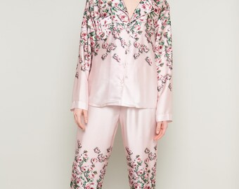 Chic Blossom Floral Satin Pajama Set - Pink Rose Garden Loungewear and Sleepwear, Comfy Chic Nightwear - Pj Pants and Shirt, Two Piece Set