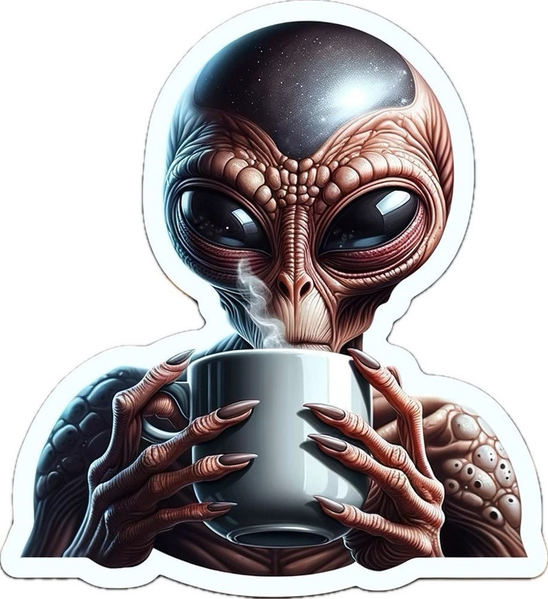Alien Drinking Coffee Vinyl Sticker for Laptop, Water Bottle ...