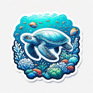 May include: A blue sea turtle swims through a coral reef with orange and yellow fish. The turtle is surrounded by colorful coral and seaweed.