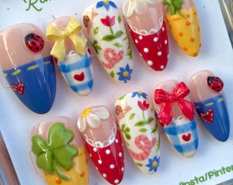 Spring Flower Lady Bug Press-on Nails | Reusable, High-quality, Floral Design, Polka Dots, Gingham Pattern, Denim