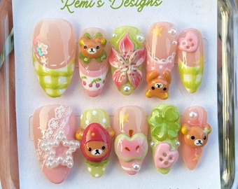 Pink & Green Rilakkuma Press-ons | Reusable, High-quality, San-x, Strawberry matcha, Medium Almond Shape