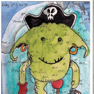 Illustration, Pirate monstre gentil, aquarelle peinte sur ancienne carte maritime, mer, océan