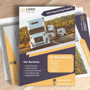 May include: A flyer for a trucking dispatching service. The flyer features a photo of semi-trucks driving down a road. The text on the flyer reads "24/7 Dispatching Support", "We Specialized In", "Our Services", "Load Planning", "Credit Checks", "Insurance Protocol", "Top Paying Load", "Negotiation Rate", "Box Trailers", "Flatbeds", "Dry Vans", "Hot Shot", "Reefers", "+1 234 567 890", and "www.google.com".