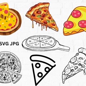 May include: A set of six black and white illustrations of pizzas. The illustrations include a whole pizza, a slice of pizza, a pizza with a slice removed, and a pizza with a crust. The illustrations are ideal for use in a variety of projects, such as websites, social media, and print materials.