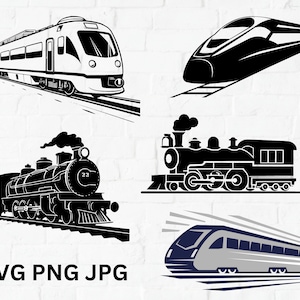 Könnte beinhalten: Ein Satz von vier Schwarzweiß-Silhouettenillustrationen verschiedener Zugtypen. Die Illustrationen umfassen einen modernen Personenzug, einen Hochgeschwindigkeitszug, eine Dampflokomotive und einen modernen Elektrozug.