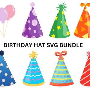 Op de afbeelding: Een set van tien kleurrijke verjaardagshoedjes, waaronder een blauwe hoed met witte stippen, een groene hoed met gele sterren, een rode hoed met witte strepen, een blauwe hoed met witte zigzagjes, een paarse hoed met witte stippen, een oranje hoed met gele driehoeken, een blauwe hoed met witte stippen, een gele hoed met rode stippen, een groene hoed met gele sterren en een rode hoed met witte strepen. Verjaardags-Hoed-SVG-Bundel.
