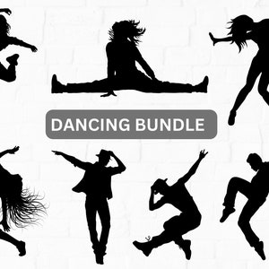 Puede incluir: Un conjunto de seis imágenes en silueta negra de personas bailando. Las imágenes están sobre un fondo de ladrillos blancos. El texto "Dancing Bundle" está en la parte superior de la imagen.