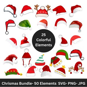 May include: A set of 25 colorful Christmas hat illustrations, including Santa hats, elf hats, and reindeer antlers. The illustrations are perfect for creating festive designs for cards, wrapping paper, and other holiday crafts.