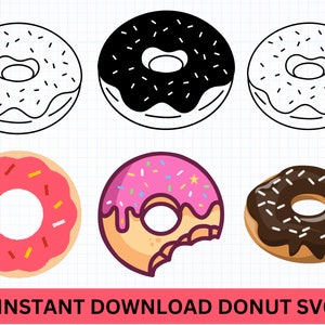 May include: Six different donut designs, including a pink glazed donut with sprinkles, a chocolate glazed donut with white sprinkles, a plain donut with sprinkles, a chocolate glazed donut with a bite taken out, a pink glazed donut with a bite taken out, and a plain donut with sprinkles.