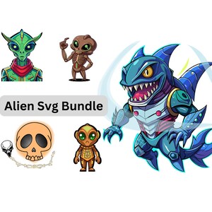 Op de afbeelding: Een set van vijf kleurrijke alien-personage-illustraties in SVG-formaat. De personages omvatten een groene alien met een rode sjaal, een bruine alien met een skeletachtig lichaam, een blauwe alien met scherpe tanden en vinnen, een gouden alien met grote ogen en een schedel met een ketting.