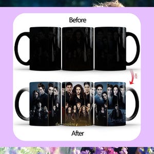 May include: Black heat-sensitive mug with a movie poster design. The mug's design changes when hot liquid is added, revealing a cast photo. The text "the complete" is visible on the mug. The mug is a standard size.