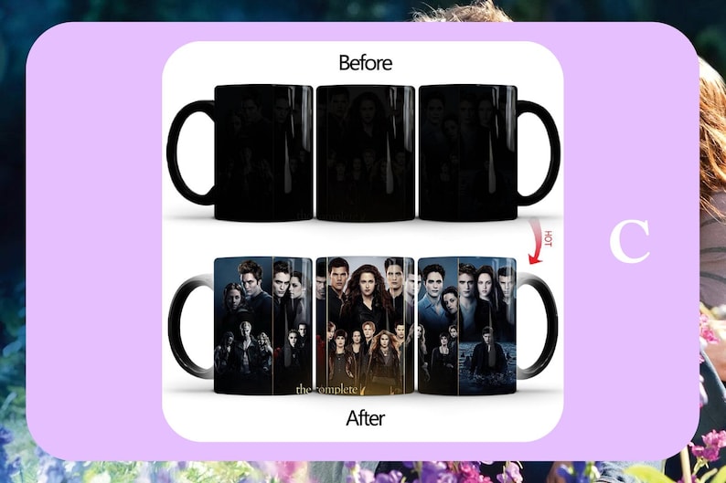 May include: Black heat-sensitive mug with a movie poster design. The mug's design changes when hot liquid is added, revealing a cast photo. The text "the complete" is visible on the mug. The mug is a standard size.