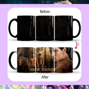 May include: Black heat-sensitive mug featuring a design from the movie "Twilight: New Moon." The mug appears black when cold, revealing the image when hot. The design includes images of actors and the movie title.