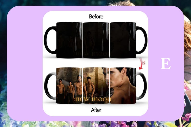 May include: Black heat-sensitive mug featuring a design from the movie "Twilight: New Moon." The mug appears black when cold, revealing the image when hot. The design includes images of actors and the movie title.