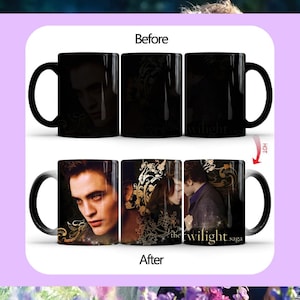 May include: Black heat-sensitive mug with a design that changes when hot. The "Before" image shows a black mug, while the "After" image reveals a portrait and the words "the twilight saga".
