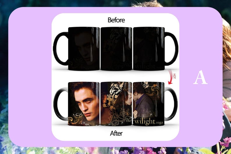 May include: Black heat-sensitive mug with a design that changes when hot. The "Before" image shows a black mug, while the "After" image reveals a portrait and the words "the twilight saga".