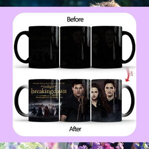 May include: Black heat-sensitive mug featuring the Twilight movie Breaking Dawn. The mug appears black when cold, but reveals a movie image when hot. The mug has a black handle and a white interior. The text "Breaking Dawn" is visible.