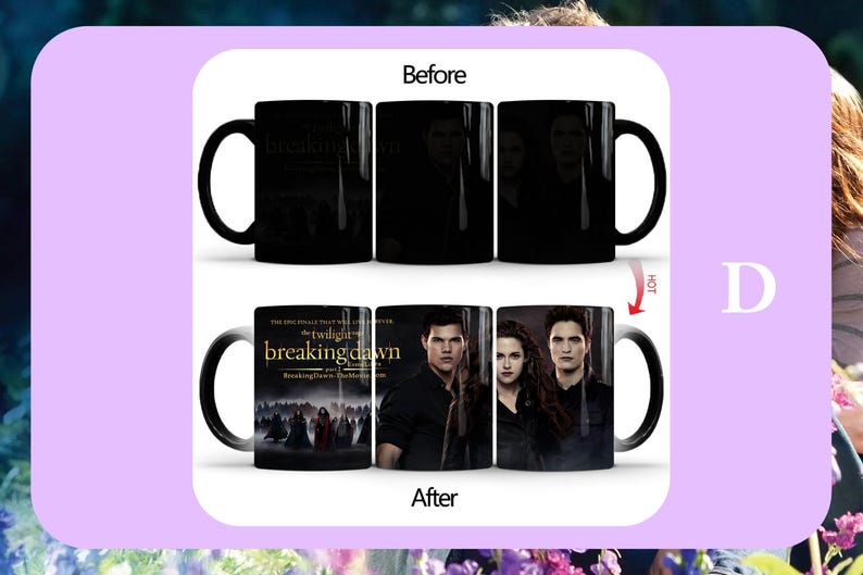 May include: Black heat-sensitive mug featuring the Twilight movie Breaking Dawn. The mug appears black when cold, but reveals a movie image when hot. The mug has a black handle and a white interior. The text "Breaking Dawn" is visible.