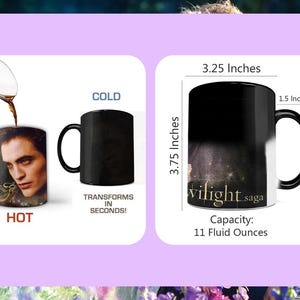 May include: A black heat-sensitive mug with a black handle. When hot, the mug reveals an image of a person. The mug is 3.75 inches tall, 3.25 inches wide, and has a capacity of 11 fluid ounces. The text "Twilight Saga" is printed on the mug.